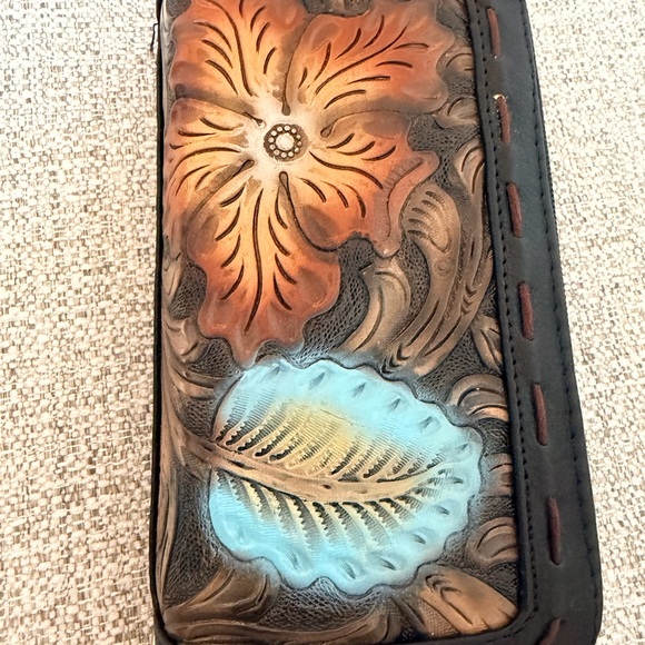 Handcrafted Floral Leather Phone Case - Black Orange Blue